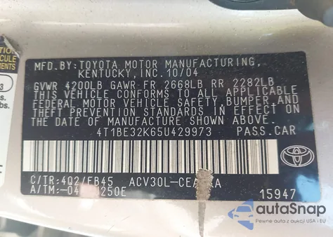 2005 Toyota Camry Le z USA, uszkodzony, nr VIN 4T1BE32K65U429973